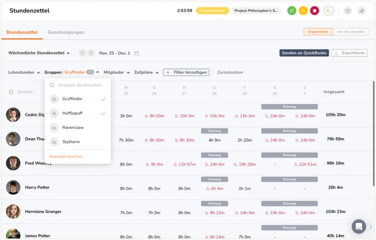 Timesheet group filters